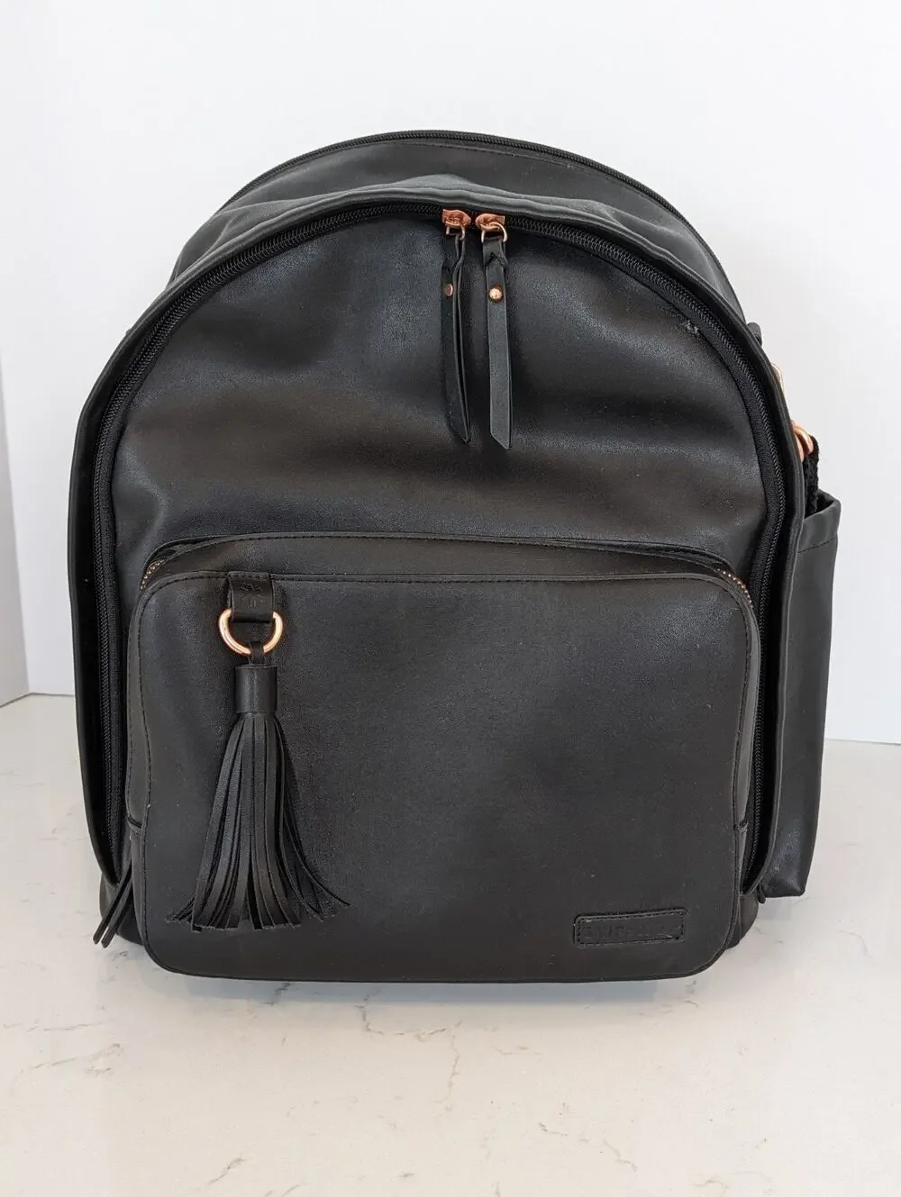 Skip Hop Greenwich Diaper Backpack Black Vegan Leather Rose Gold Hardware